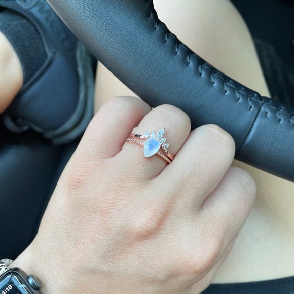 Pear Cut Genuine Moonstone Ring- Two Ring Set - Picture 6 of 8